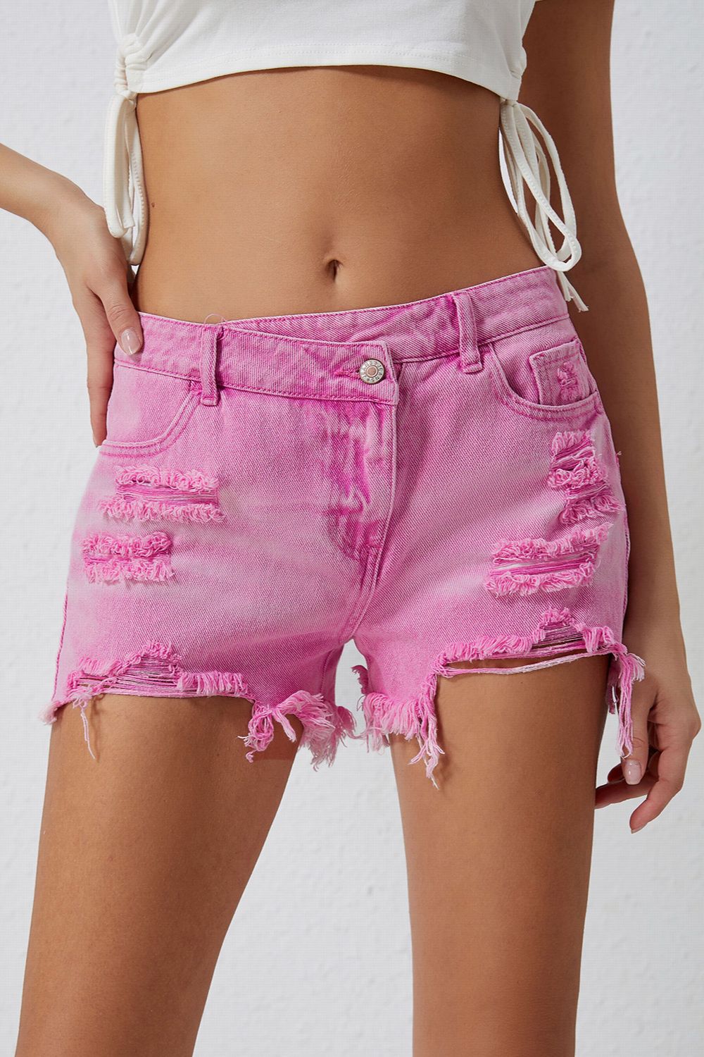 High Rise Crossover Waist Denim Shorts - felvior
