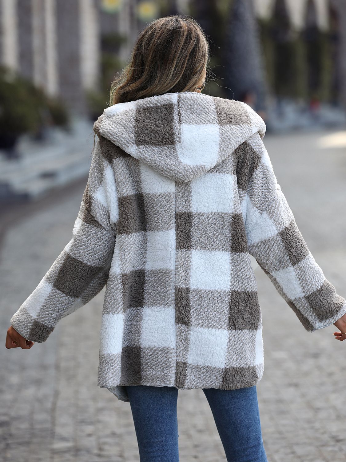 Plaid Open Front Hooded Coat - felvior