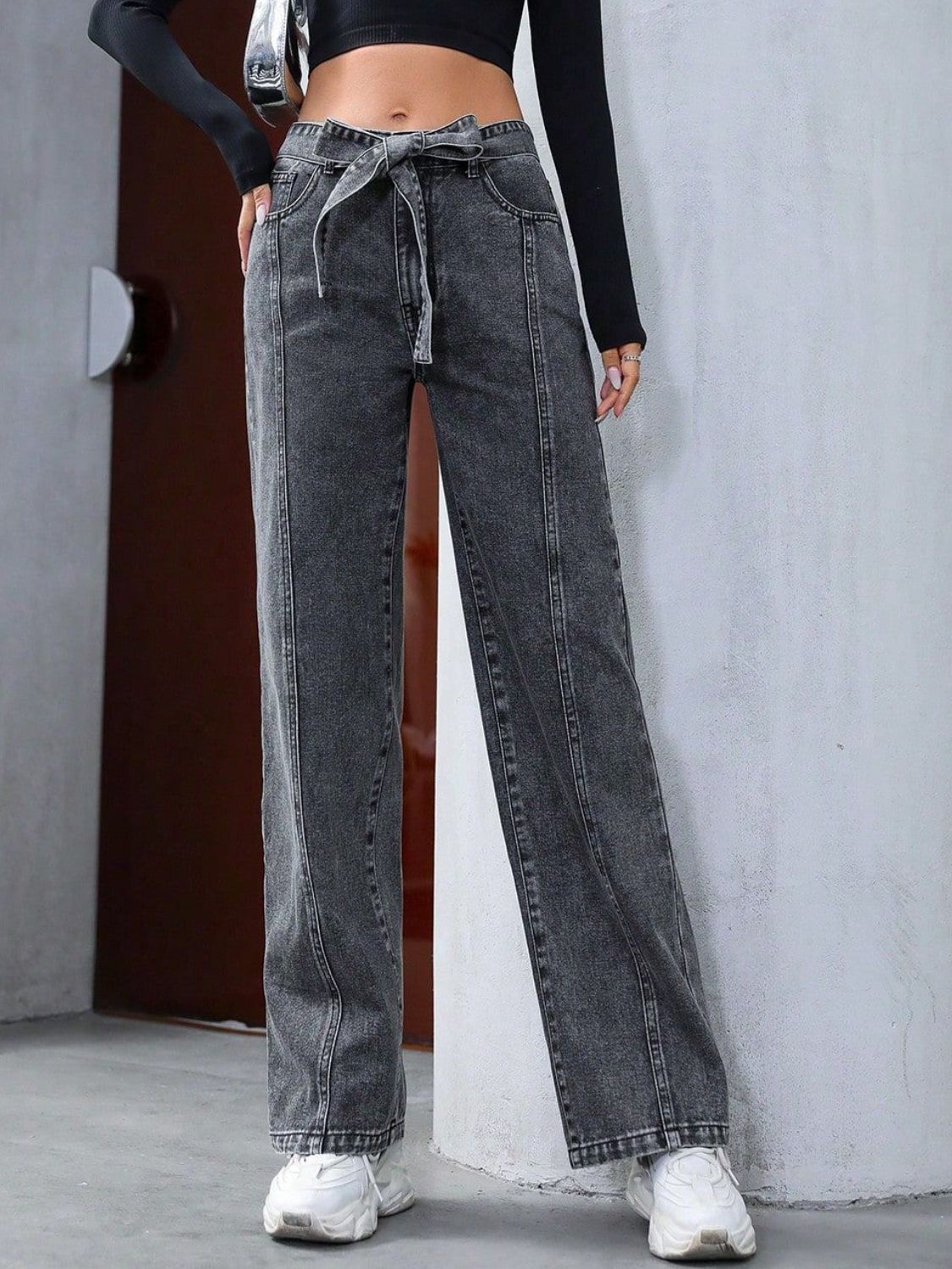 Tied Straight Leg Jeans with Pockets - felvior