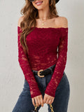 Off-Shoulder Long Sleeve Lace Top - felvior