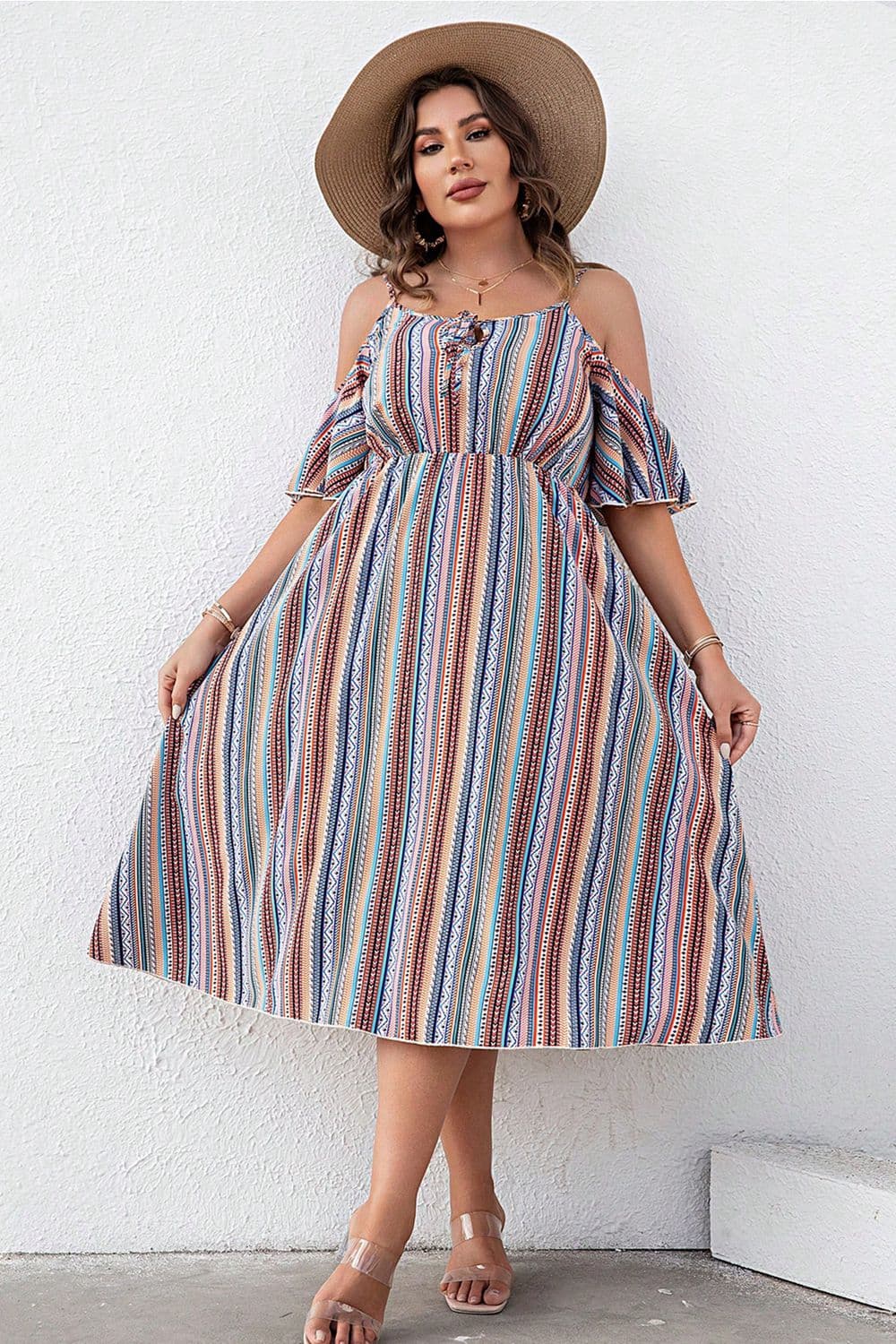 Plus Size Striped Cold-Shoulder Dress - felvior