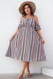 Plus Size Striped Cold-Shoulder Dress - felvior