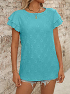 Eyelet Round Neck Double Layered Ruffled Short Sleeve Top