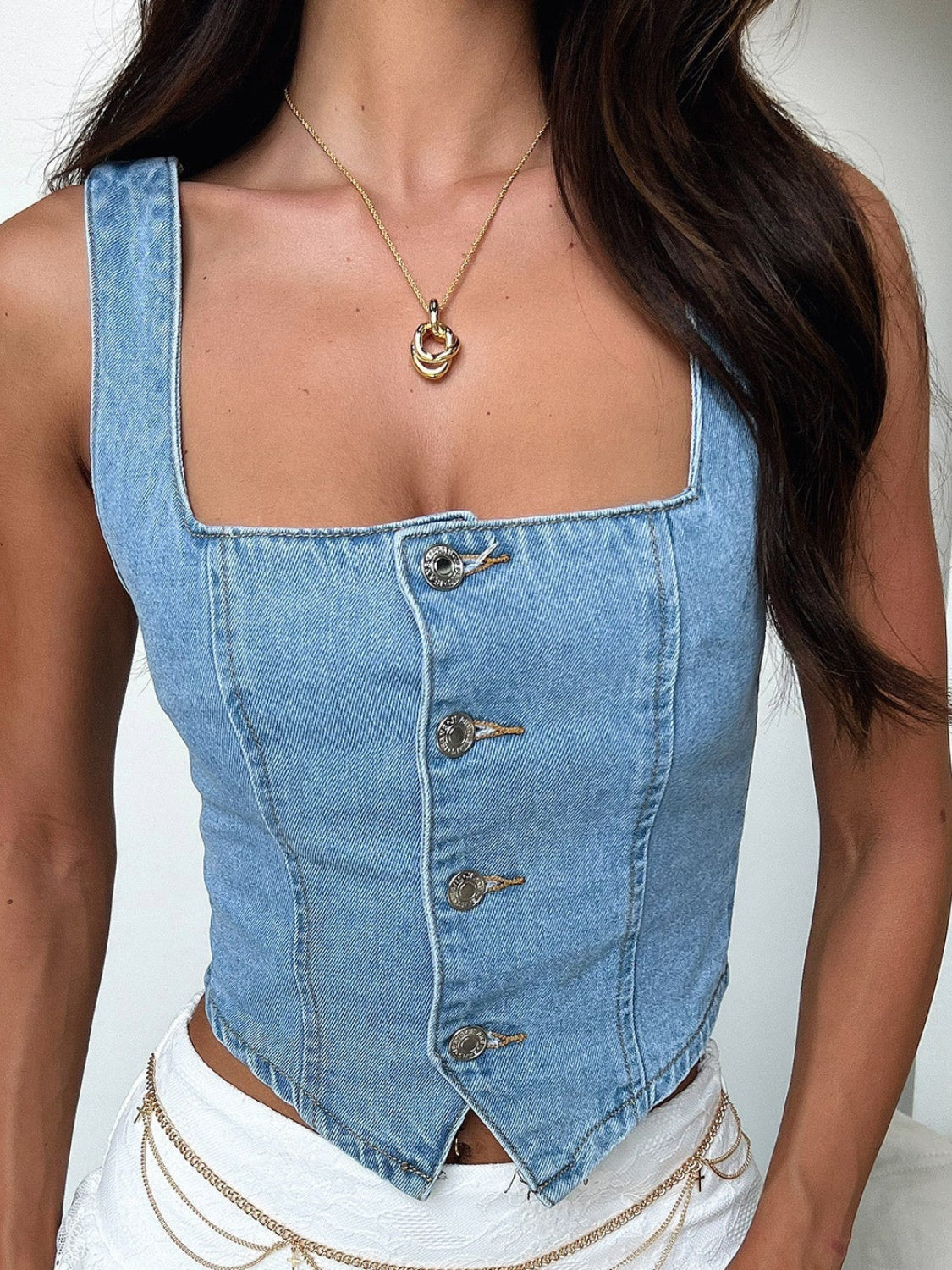 Smocked Square Neck Denim Top - felvior
