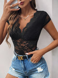 Perfee Lace V-Neck Cap Sleeve Bodysuit - felvior