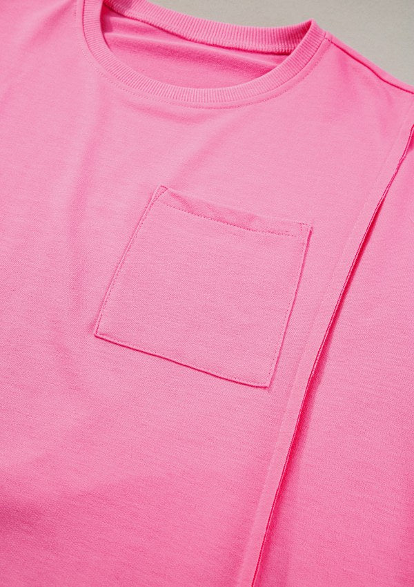 Exposed Seam Side Slit Round Neck Top