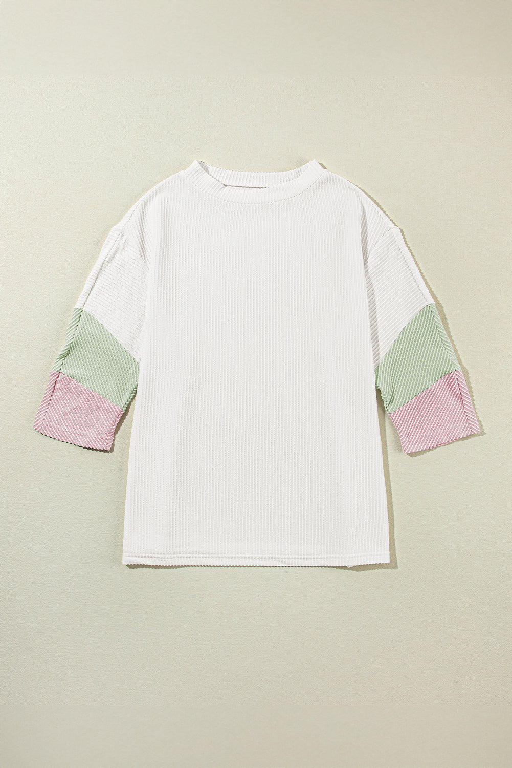 Color Block Ribbed Knit Three-Quarter Sleeve Top - felvior