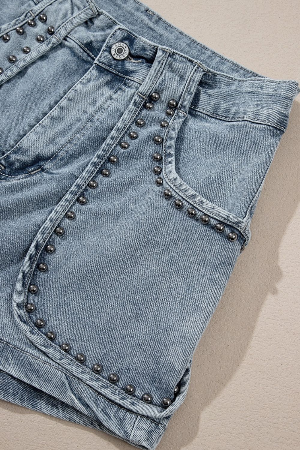 Studded Acid Wash Denim Shorts - felvior