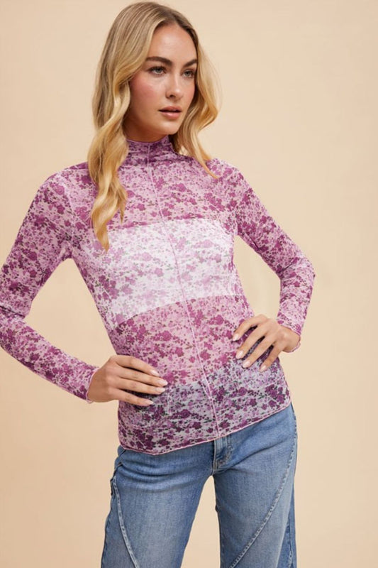 Annie Wear Floral Lettuce Hem Sheer Mesh Top - felvior