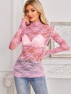 Mock Neck Long Sleeve Lace Sheer Top