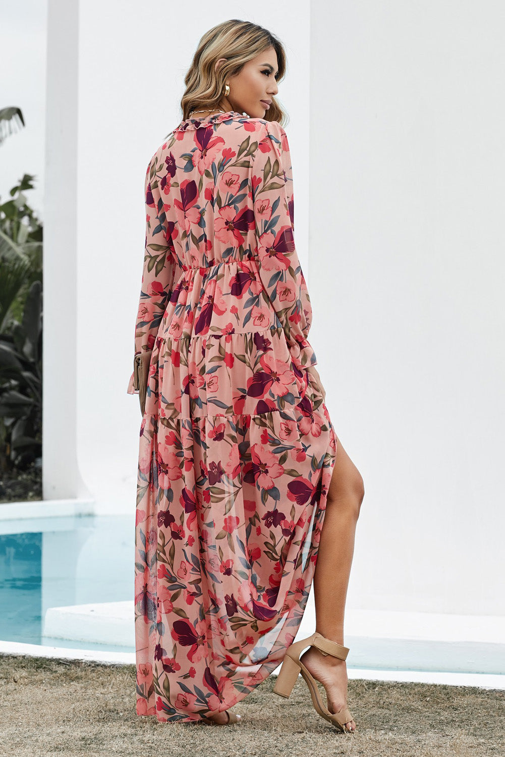Floral Frill Trim Flounce Sleeve Plunge Maxi Dress - felvior