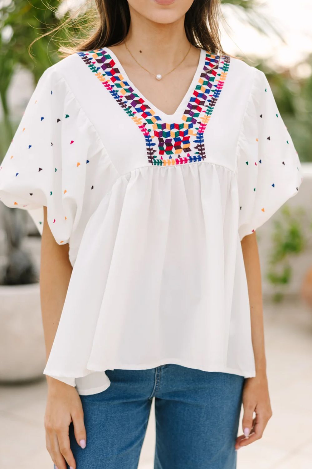 Printed V-Neck Puff Sleeve Top - felvior
