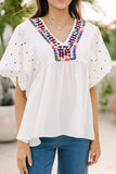 Printed V-Neck Puff Sleeve Top - felvior