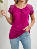 Round Neck Lace Short Sleeve Top - felvior