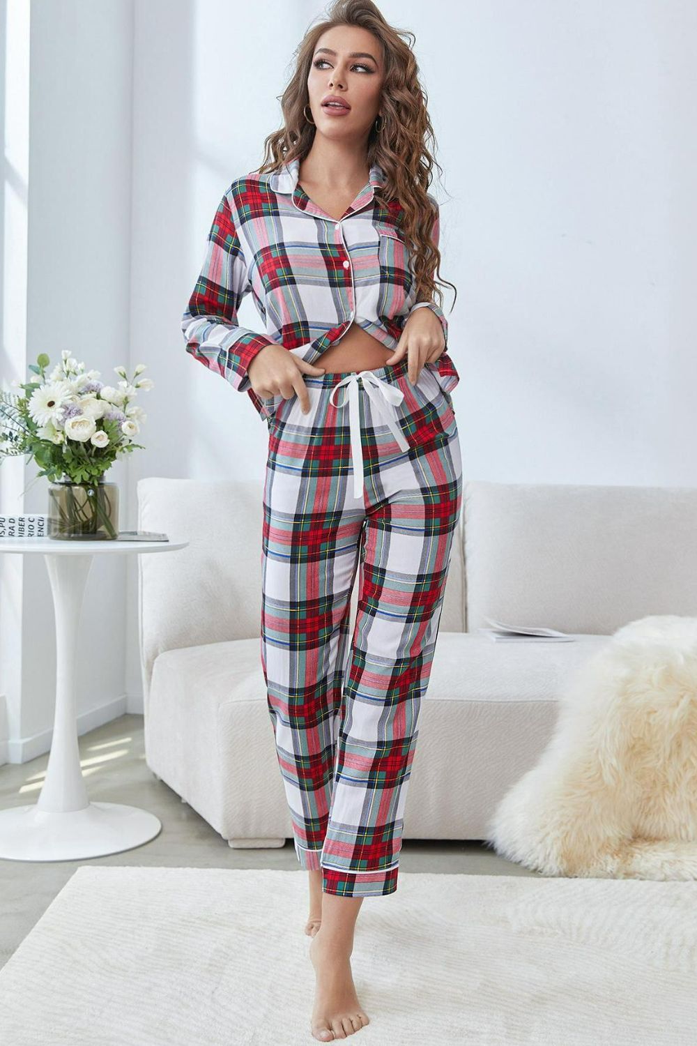 Plaid Button Front Top and Pants Lounge Set Main image