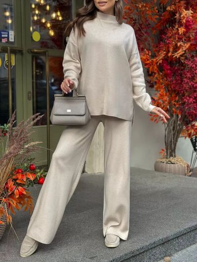 Slit Mock Neck Top and Pants Sweater Set Hauptbild