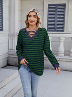 Lace-Up Striped Long Sleeve T-Shirt