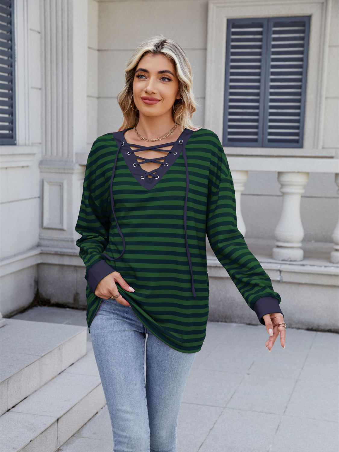 Lace-Up Striped Long Sleeve T-Shirt