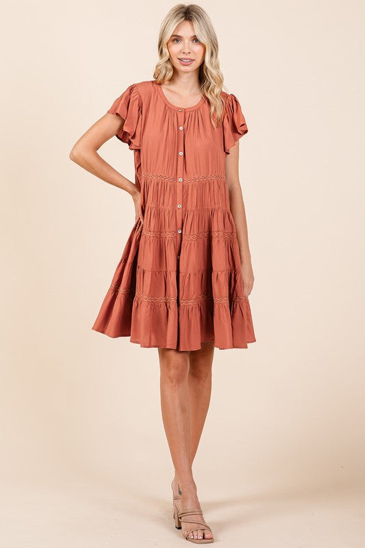 Mittoshop Lace Detail Ruffled Button Down Tiered Dress - felvior