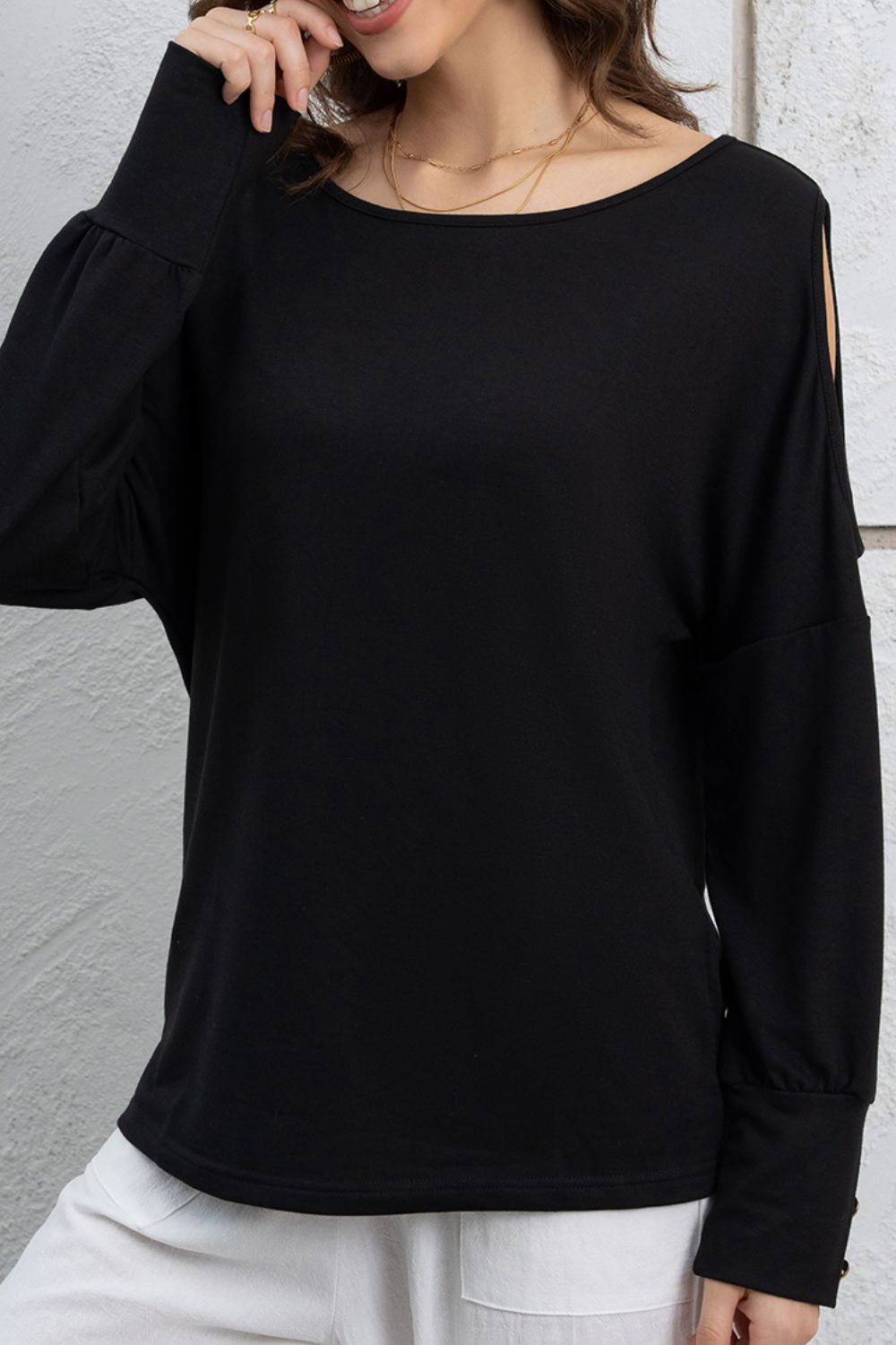 Cutout Round Neck Long Sleeve Top - felvior