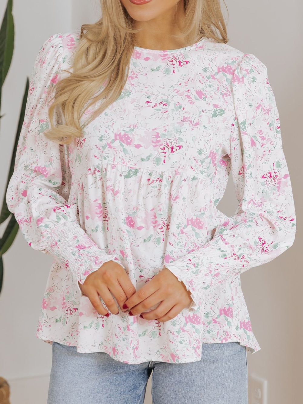 Printed Round Neck Long Sleeve Blouse - felvior