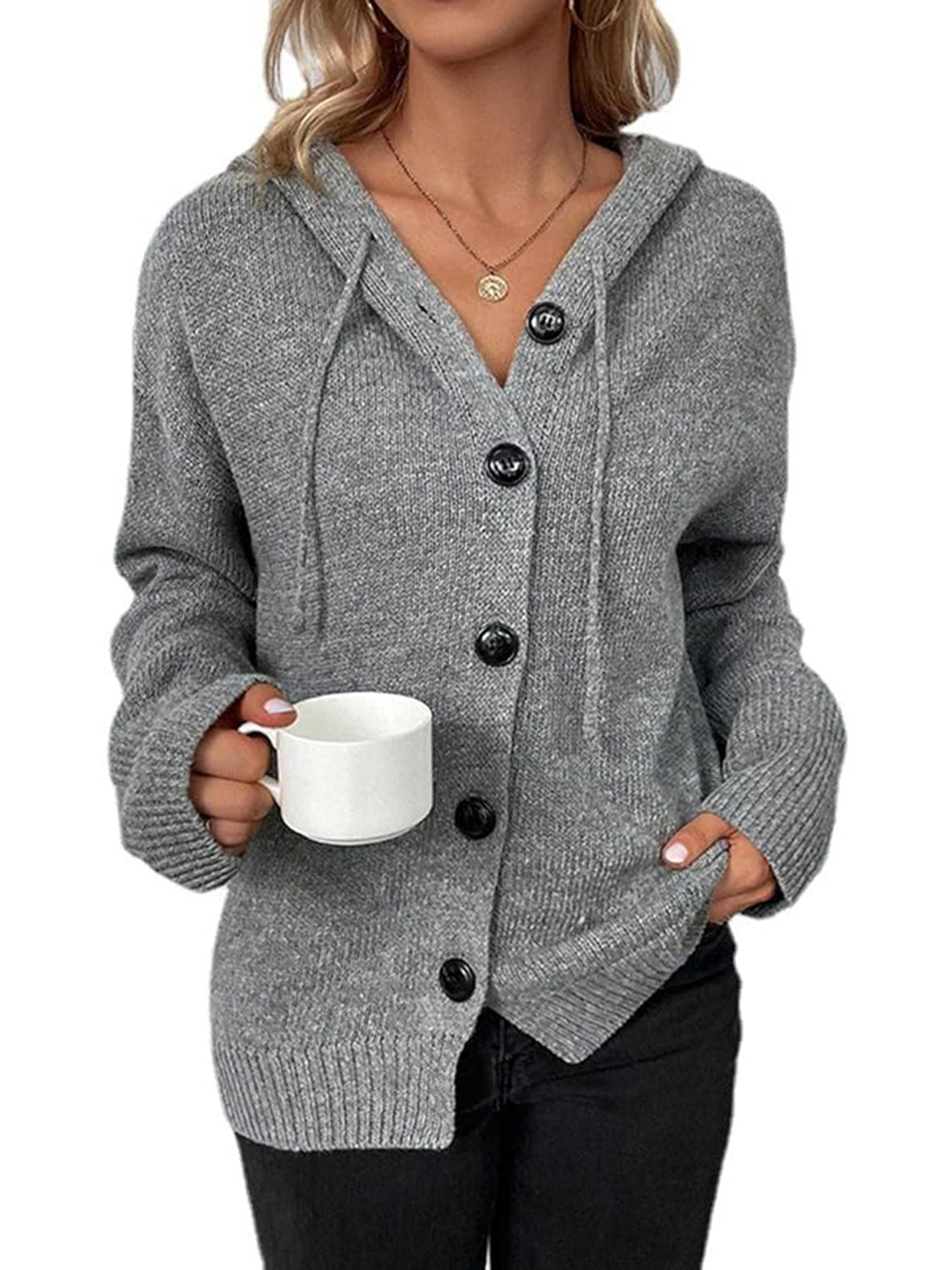 Button Up Drawstring Long Sleeve Hooded Cardigan - felvior