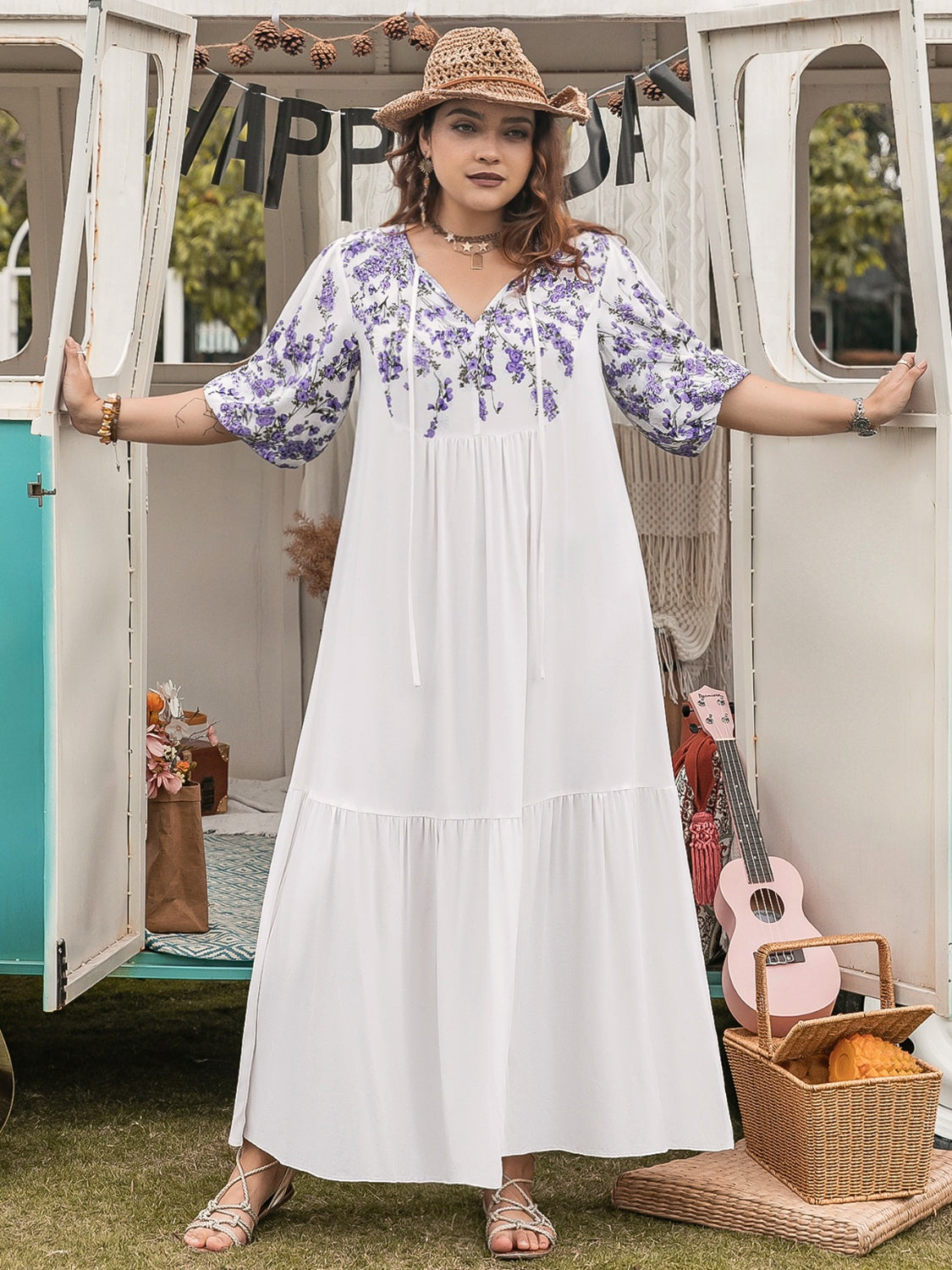 Plus Size Printed Tie Neck Half Sleeve Maxi Dress - felvior