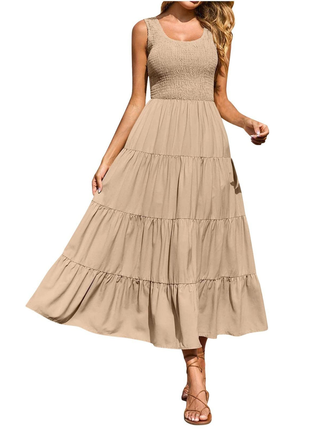 Tiered Smocked Wide Strap Dress - felvior