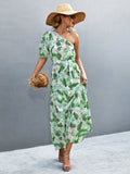 Printed Tie Waist One Shoulder Maxi Dress - felvior