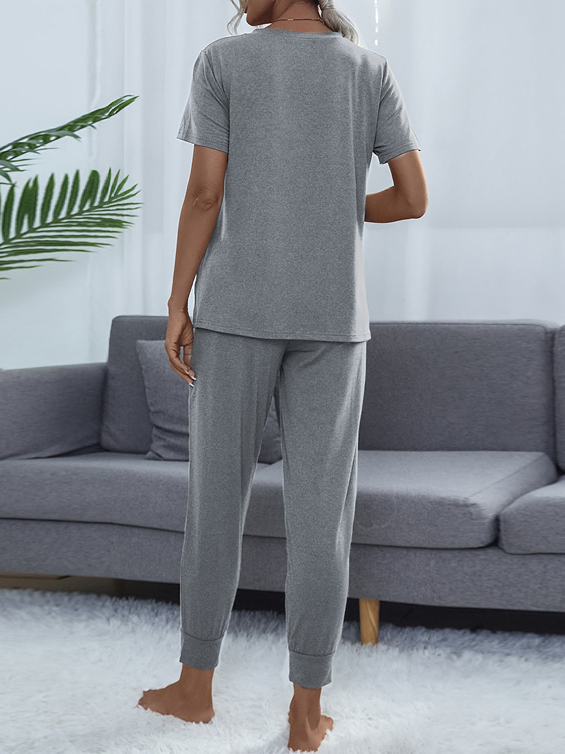 Shiny Round Neck Short Sleeve Top and Pants Set - felvior