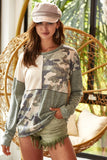 BiBi Color Block Camouflage Out Stitching Round Neck T-Shirt