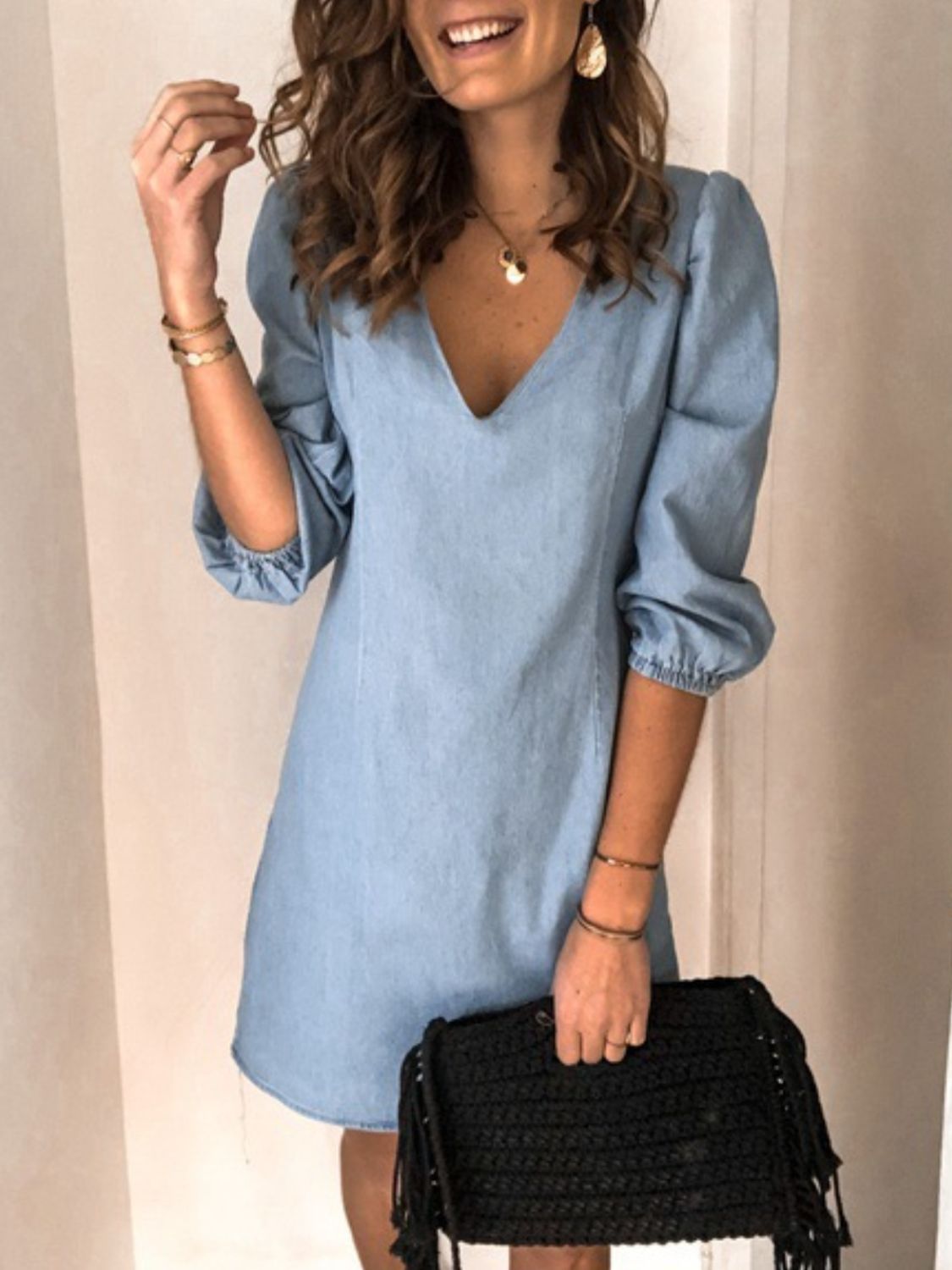 Full Size V-Neck Half Sleeve Dress - felvior