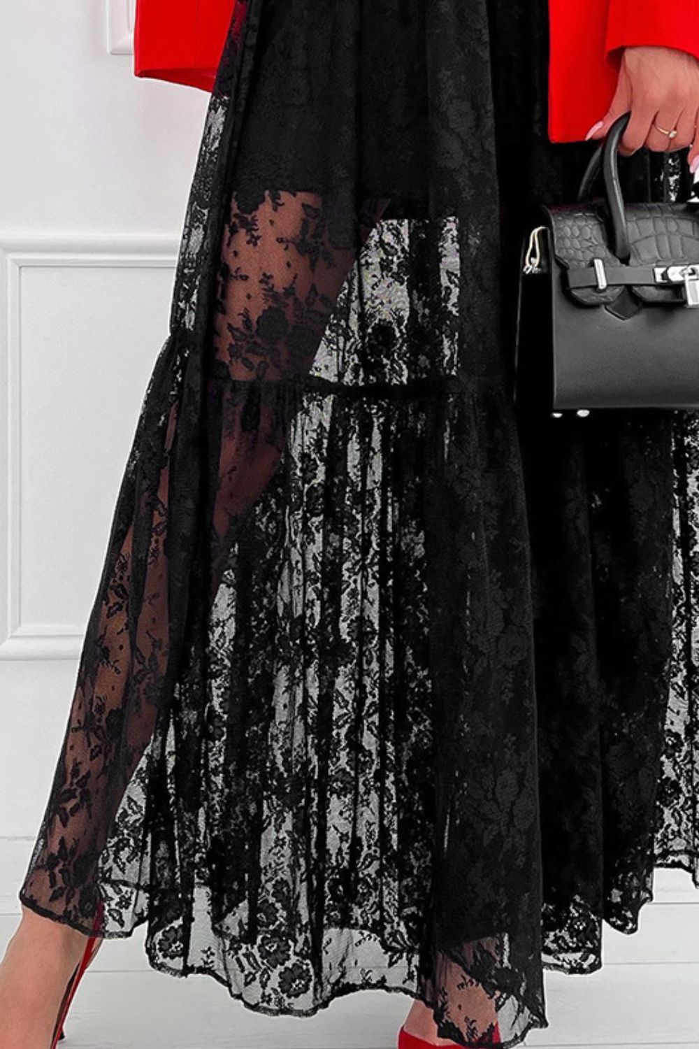 Lace Elastic Waist Maxi Skirt - felvior