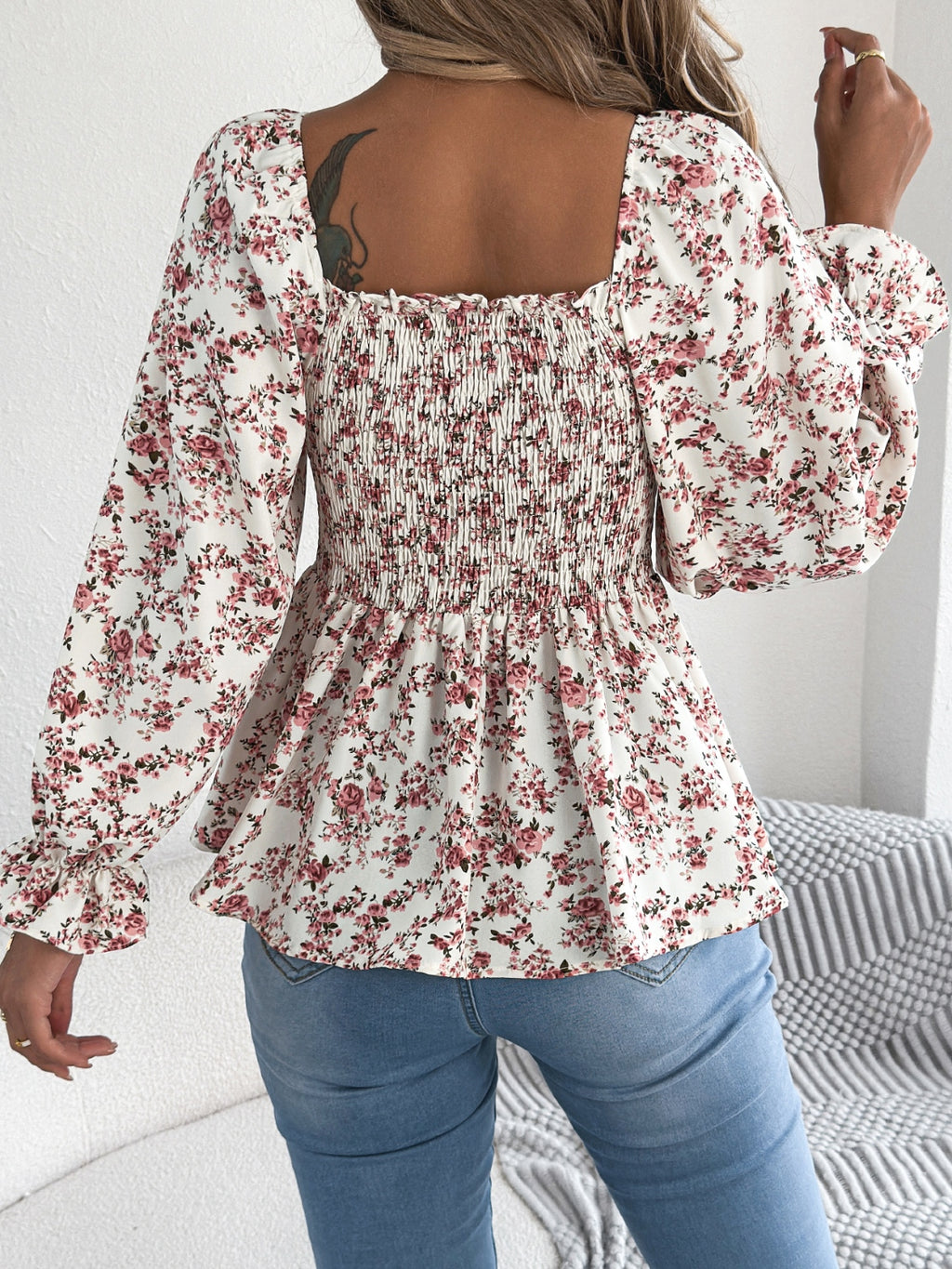 Floral Square Neck Flounce Sleeve Blouse