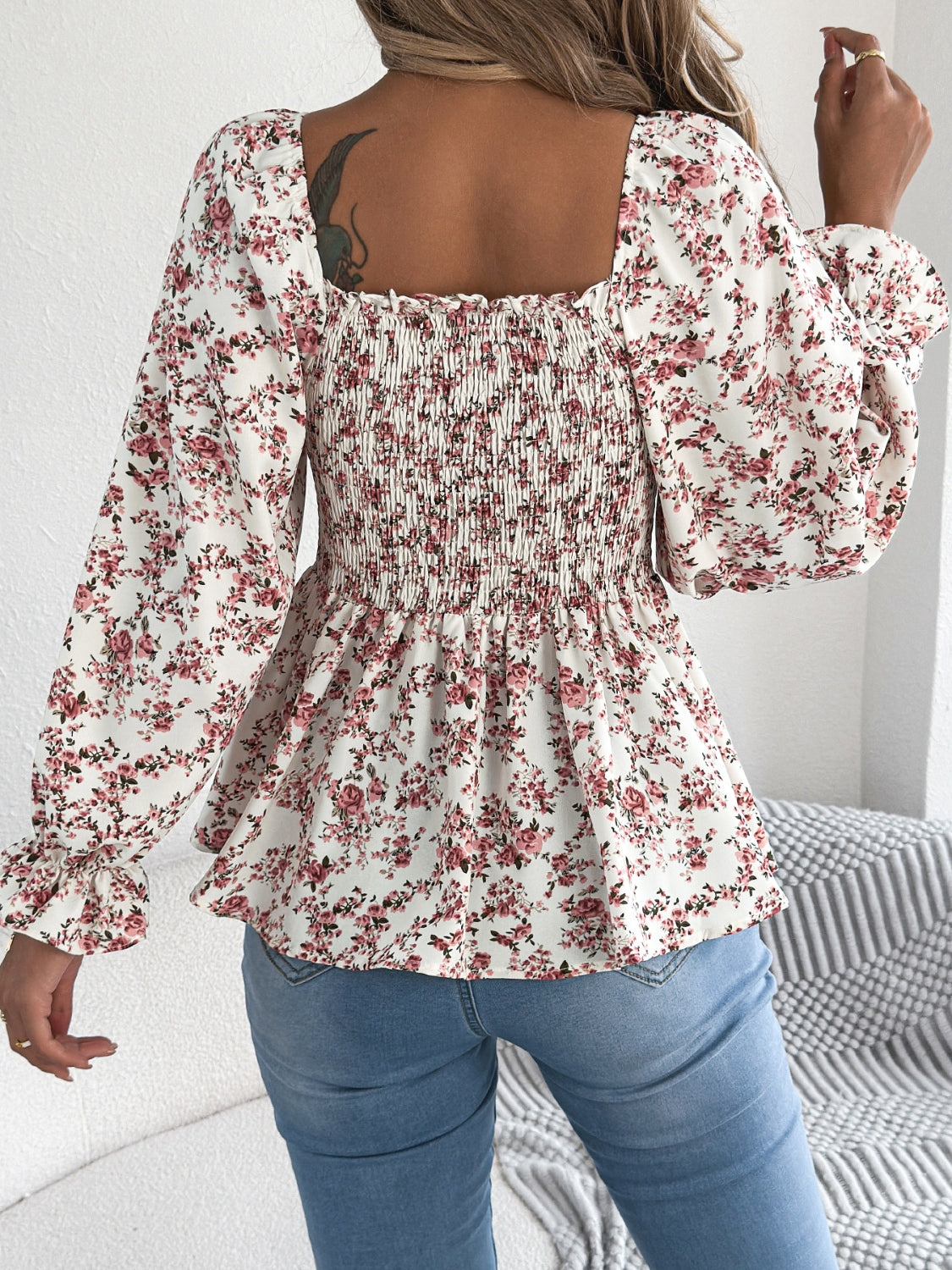 Floral Square Neck Flounce Sleeve Blouse