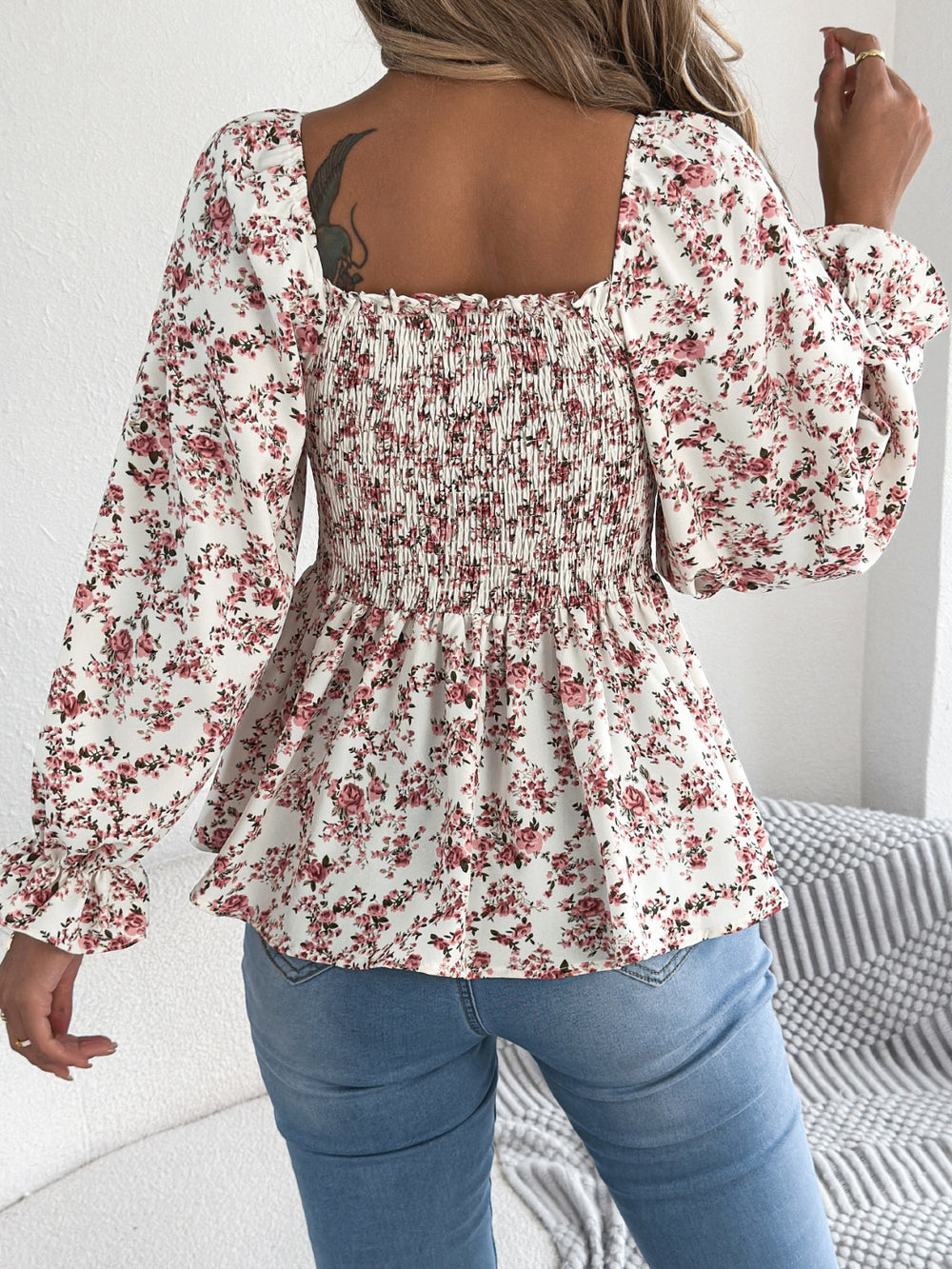 Floral Square Neck Flounce Sleeve Blouse