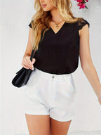 Lace Detail V-Neck Cap Sleeve T-Shirt