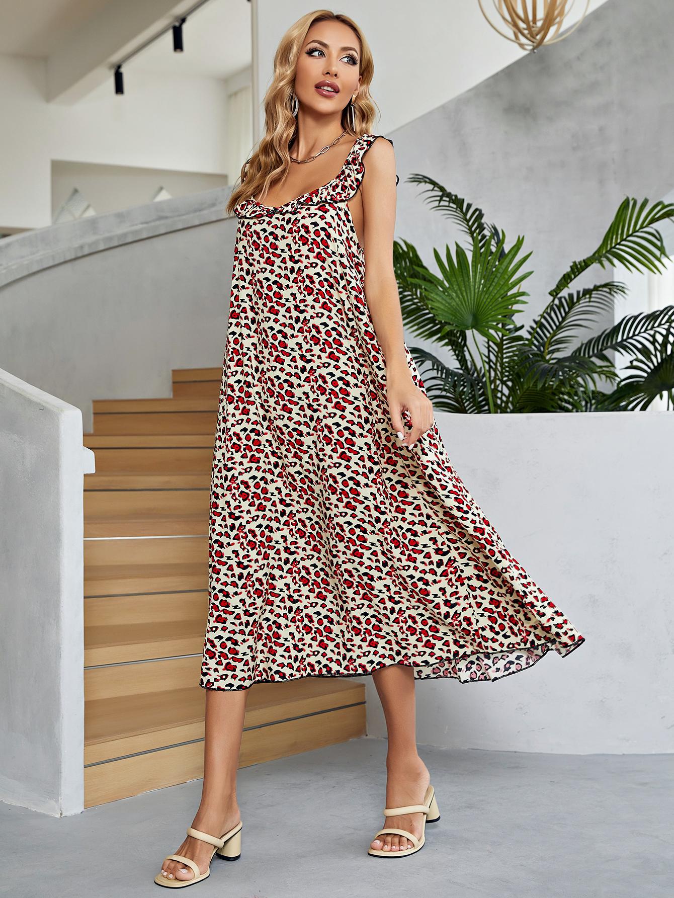 Printed Ruffled Sleeveless Midi Dress - felvior