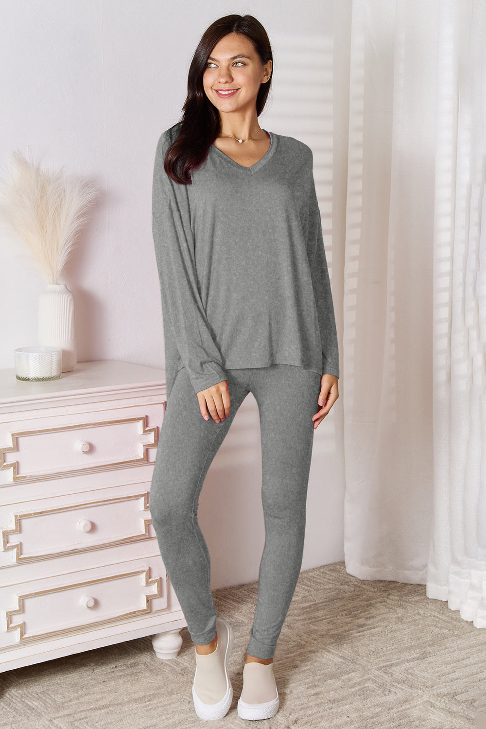Basic Bae Bamboo Full Size V-Neck Long Sleeve Top and Pants Lounge Set - felvior