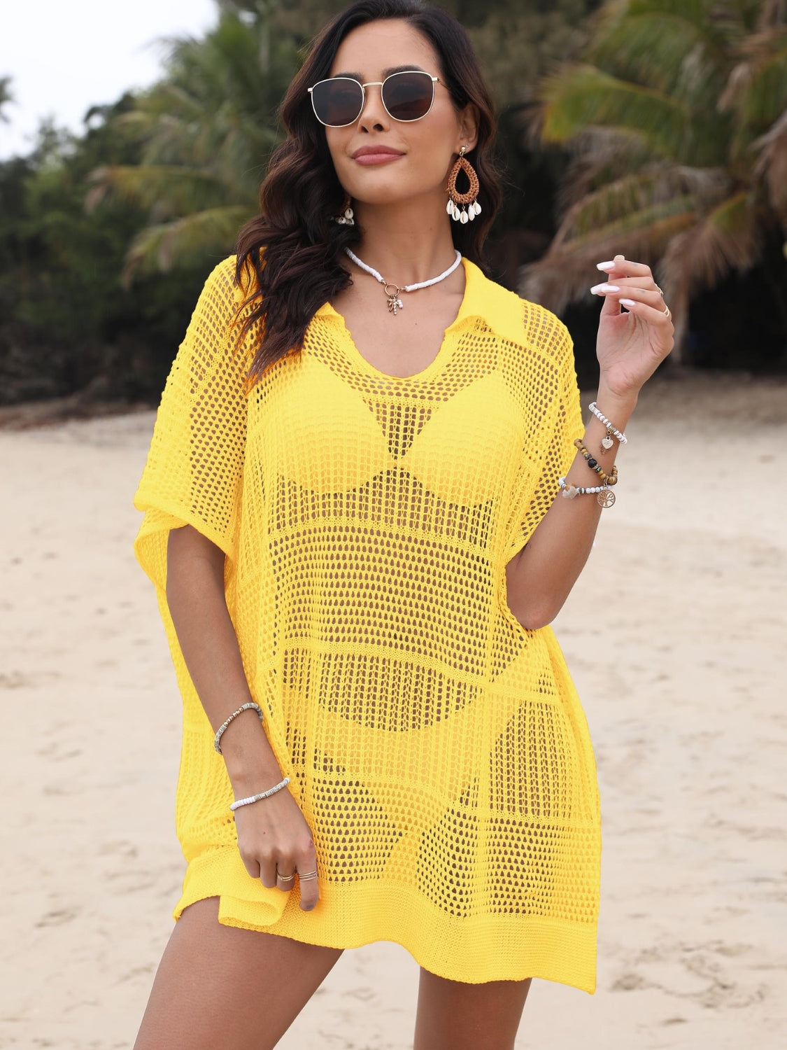 Hollow Out Collared Neck Cover-Up - felvior