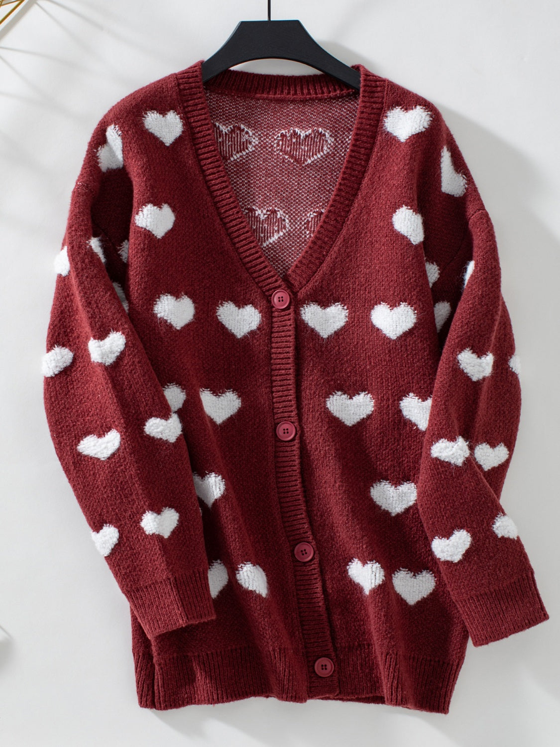 Heart V-Neck Button Up Long Sleeve Cardigan - felvior