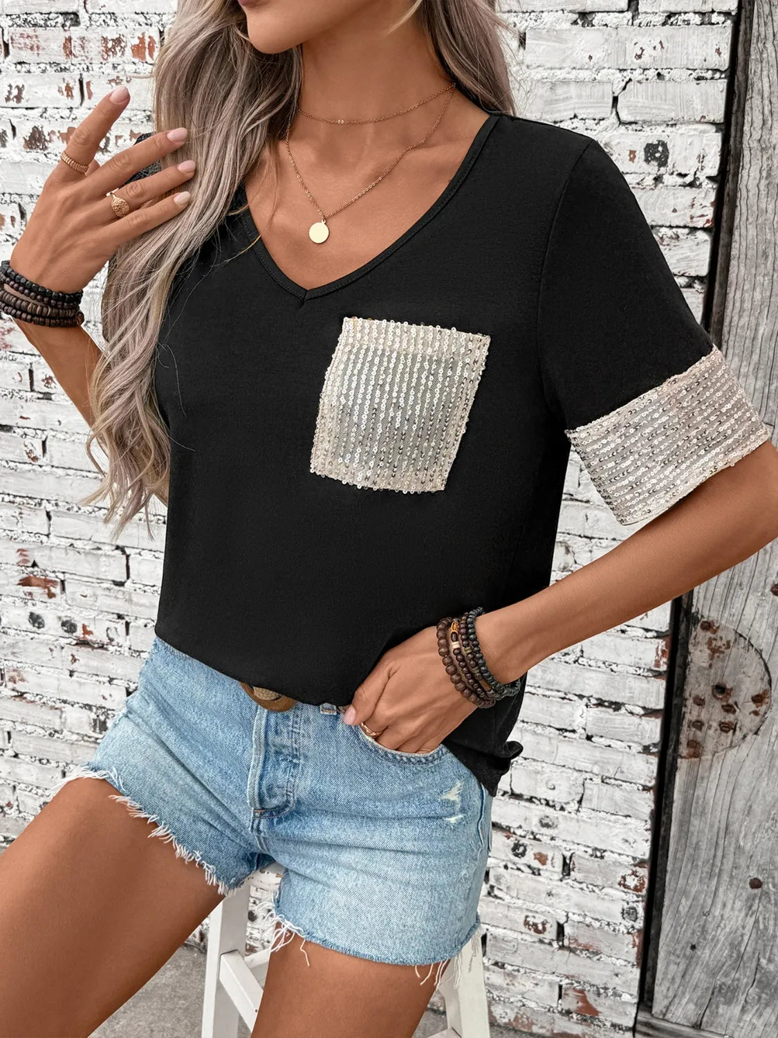 Sequin V-Neck Short Sleeve T-Shirt