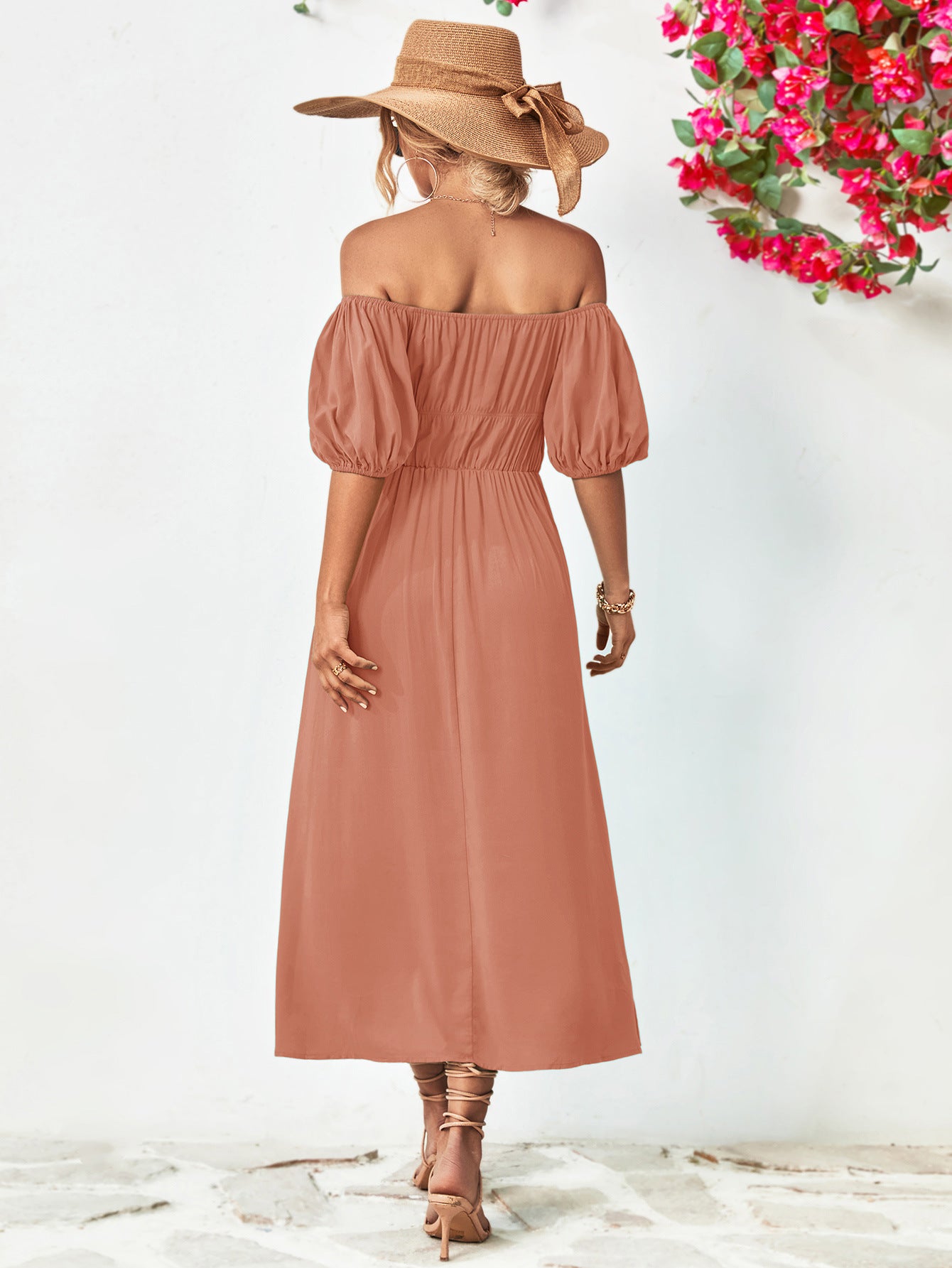 Off-Shoulder Balloon Sleeve Midi Dress - felvior