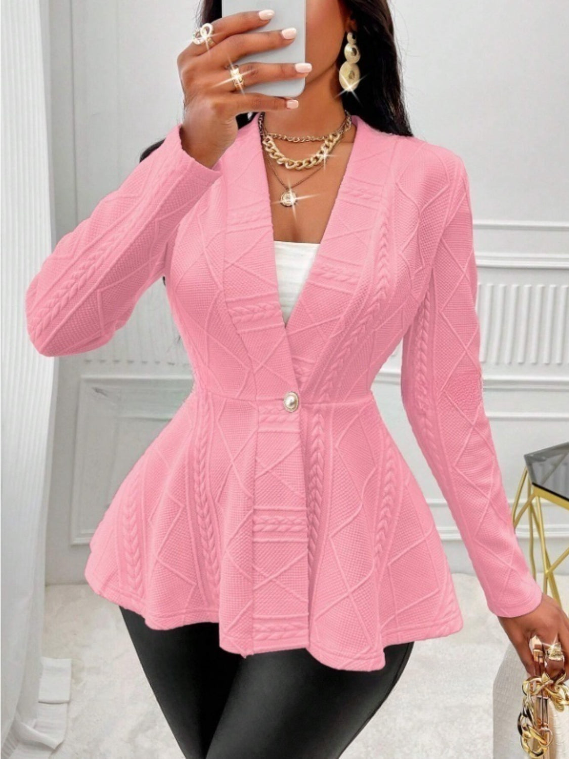 One Button Textured Peplum Cardigan - felvior