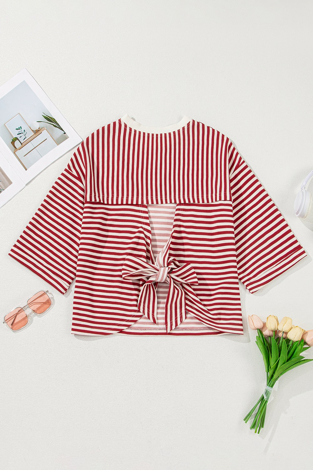 Stripe Bow Decor Cutout Drop Shoulder Top - felvior