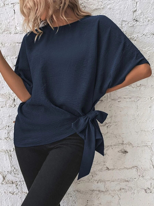 Knotted Round Neck Half Sleeve Blouse - felvior