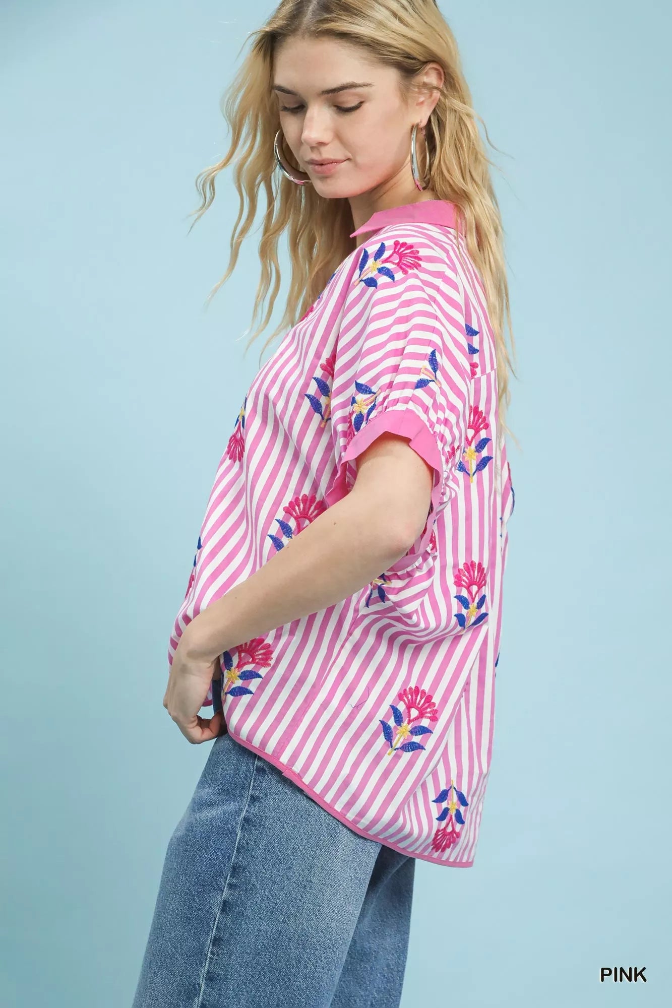 Umgee Stripe Embroidered Button-Front Boho Blouse Secondary image