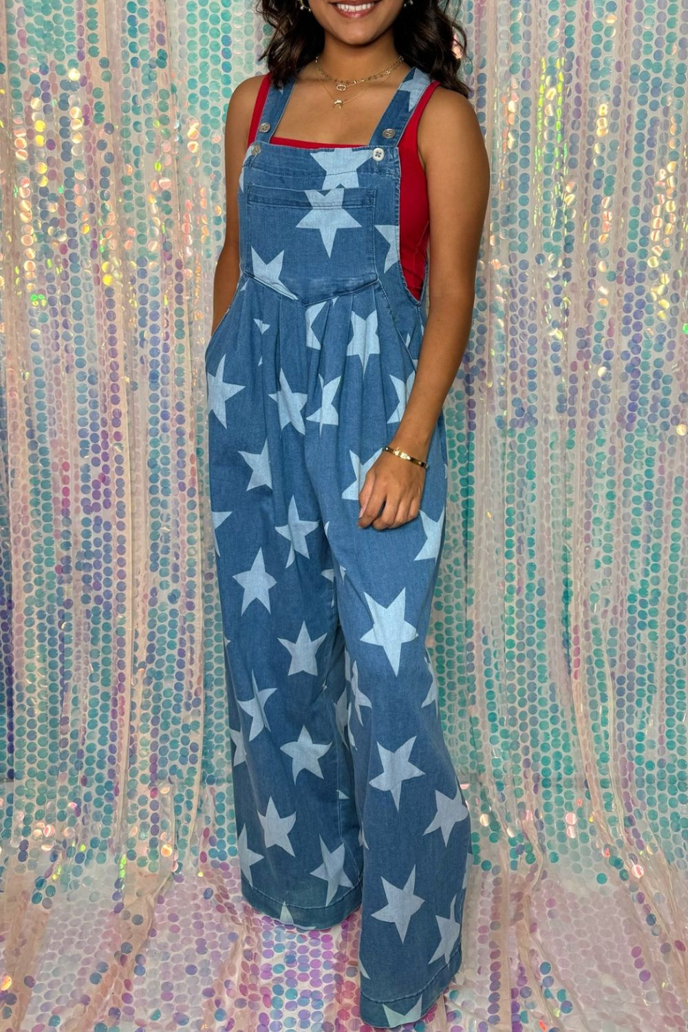 Star Print Buttoned Strap Wide Leg Denim Overalls - felvior