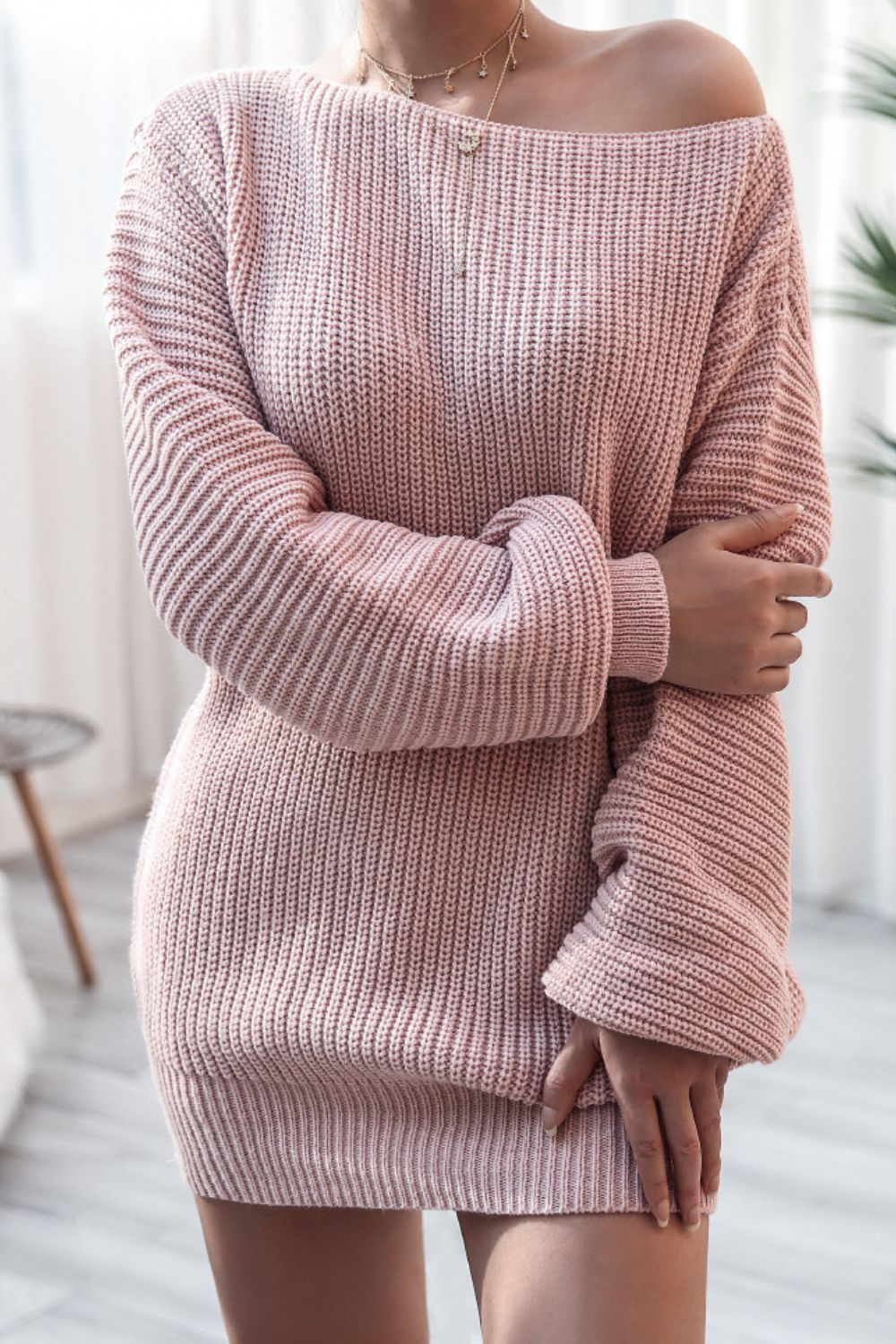 Boat Neck Long Sleeve Mini Sweater Dress - felvior