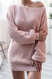 Boat Neck Long Sleeve Mini Sweater Dress - felvior